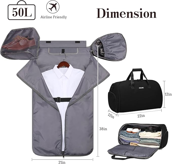 Garment Duffle Bags for Travel, Carry On Garment Duffel Weekender Bag 45L | 2-days Trip,Wrinkle-Free Travel,Separate Shoe Pocket | Overnight Garment Bag for Vacation, Business Trips, Weekend