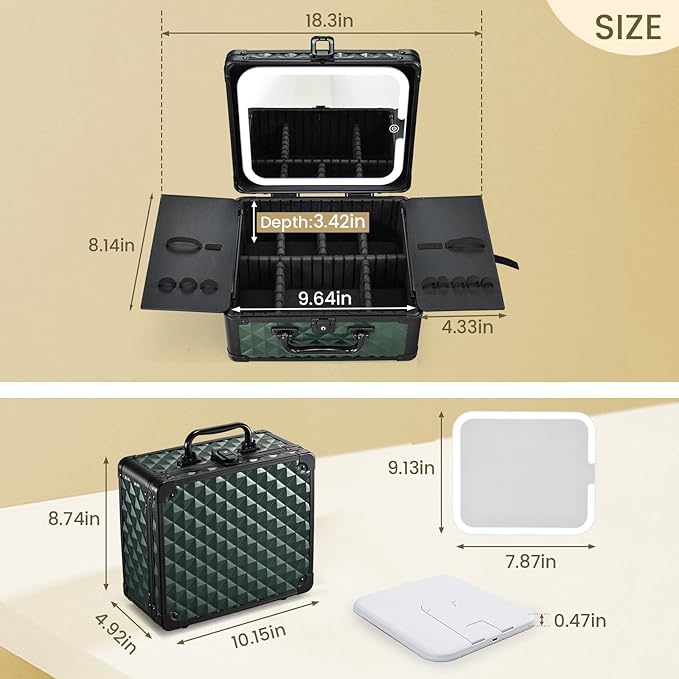 Makeup Box with Magnetic Lighted Up Mirror Makeup Organizer Box Travel Cosmetic Case Portable Vanity with 3 Colors LED MirrorMake up Suitcase with Lockable Keys Dividers Brush Holder Dark Green