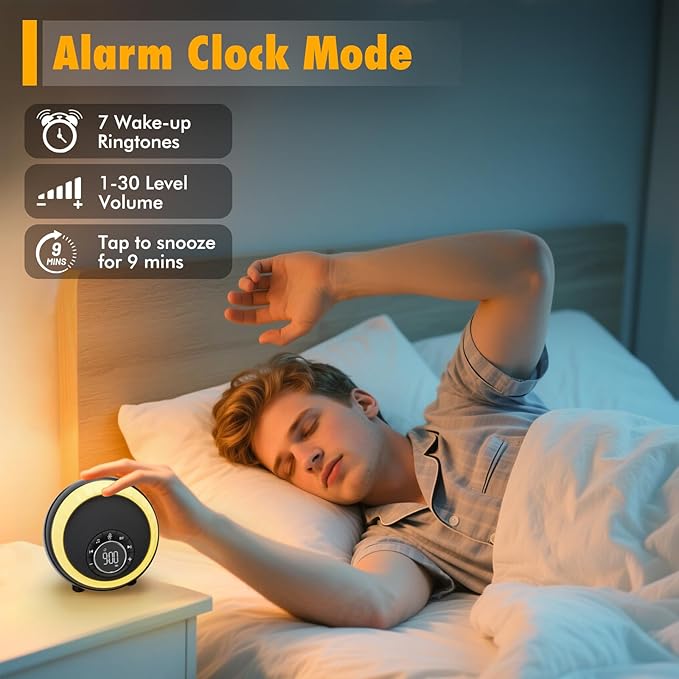 White Noise Sound Machine for Sleep, 30 Soothing Sounds, 8 RGB Dimmable Night Lights, Portable Bluetooth Speaker Alarm Clock for Bedrooms, Heavy Sleepers, Ideal Gift for Baby, Kids, Teenagers, Adults