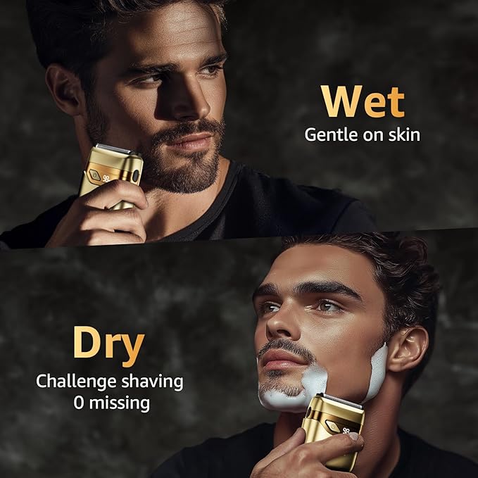 Electric Foil Shavers for Men, Mini Electric Razor, Compact Face Shaver, IPX7 Waterproof Wet Dry Cordless Razor, LED Display, USB-C, Travel-Friendly, Light Gold