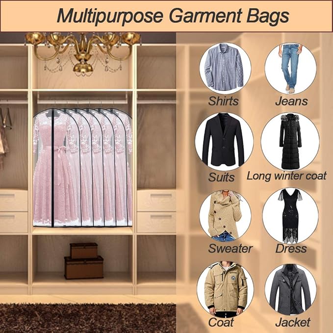 Garment Bags for Hanging Clothes 24'' x 60'' (Set of 6) Coat Covers for Closet Foldable Washable Dress Bags for Hanging Clothes for Long Dress Dance Costumes Suits Gowns Coats