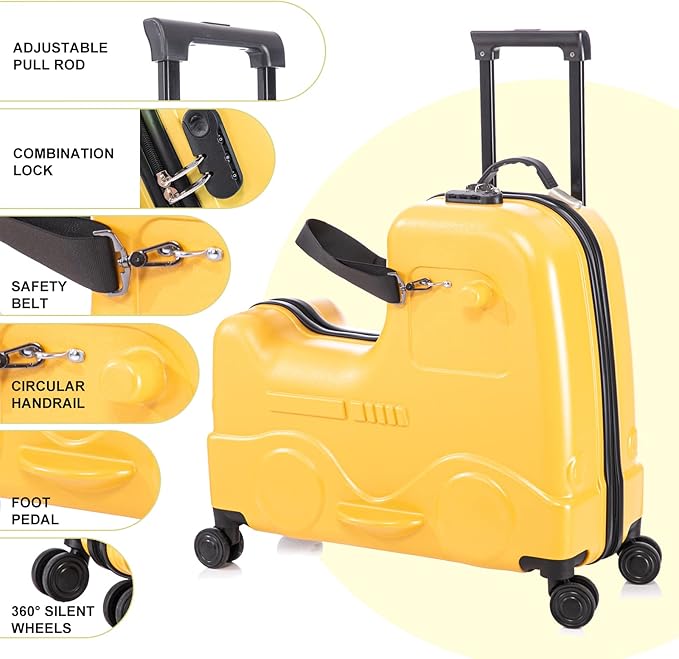 Apelila 22 inch Ride on Suitcase for Kids Travel Luggage Trolley Suitcase with Spinner Wheels Travel Luggage for Child with Combination Lock/Safety Belt/Telescoping Handle (Yellow)