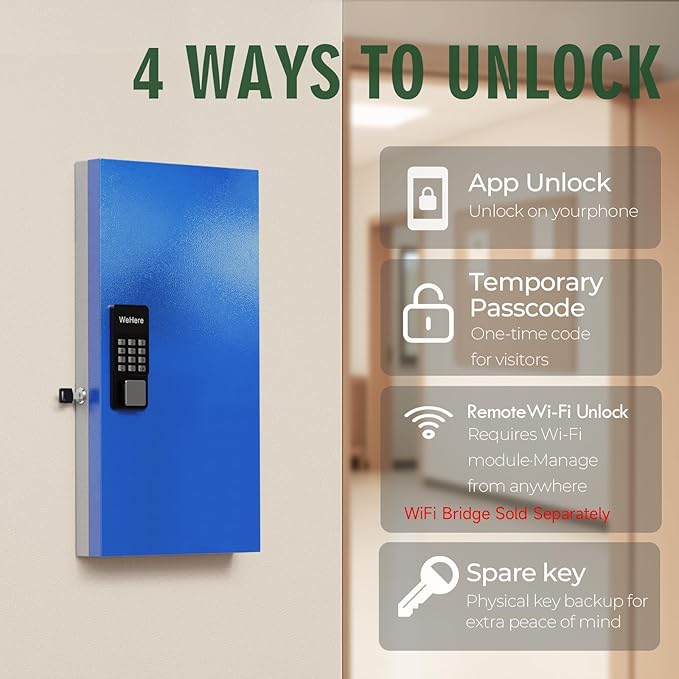 WeHere 48 Key Lock Box Wall Mount, APP Bluetooth/OTP/Wi-Fi Remote/Fixed Code/Key Unlock, Smart Key Cabinet Organizer Holder Box, Key Management for Apartment, Hotel, Office, House
