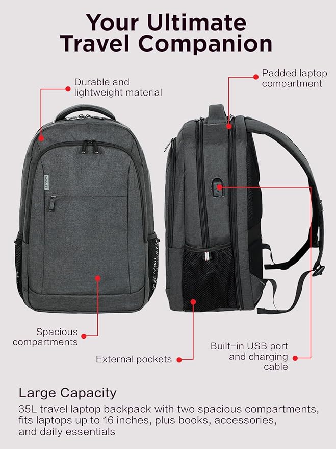 Lenovo B325 Laptop Backpack, Grey, 17-Inch, Water-Resistant Travel Backpack with External USB Port, Anti-Theft Design, Luggage Strap, for Men & Women, Perfect for Work, School, and Travel