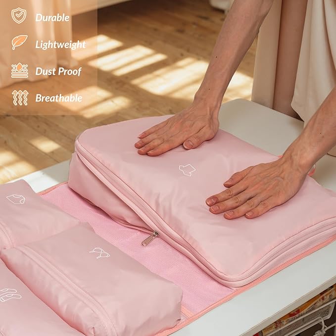 Hanging Packing Cubes,Garment Bags for Travel and Storage, Travel Apparel Bags for Men Women with 5 Solid Color Pockets, Storage Bags for Clothes, Socks,Underwear for Carry on Suitcase (Pink)