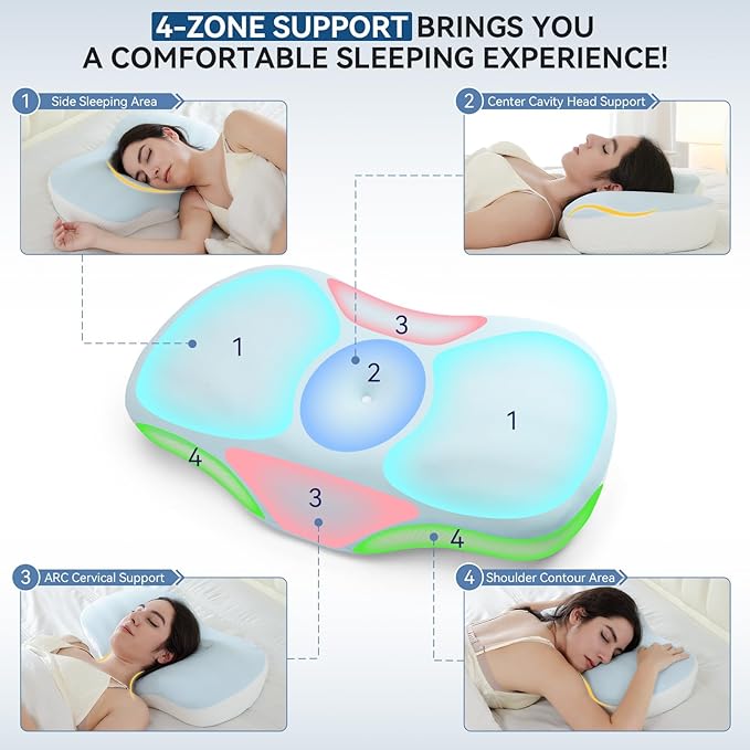 Cervical Pillow for Neck and Shoulder Support, Memory Foam Ergonomic Contour Orthopedic Bed Pillows with Adjustable Height & Breathable Pillowcase for Side, Back, Stomach Sleepers(Blue)