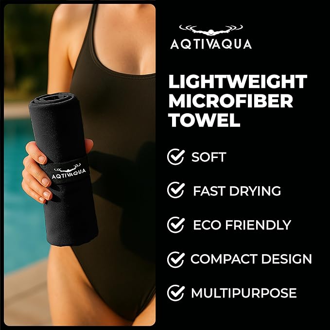 AqtivAqua Quick Dry Towel - Lightweight Microfiber Travel Towel w/Bag - Fast Drying Towel Set for Camping, Beach, Pool, Gym, Backpacking, Sports, Yoga & Swim Use, Hiking (Black, L:30"x60")