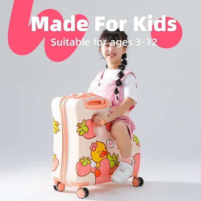 Kids' Lightweight Ride on Luggage with Spinner Wheels & Foldabe Design (Pink Strawberry, 20"+ Aged 1-3 Toddler)