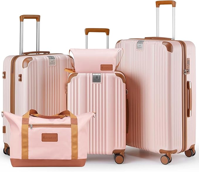 Luggage Set 3 Piece Luggage with PC+ABS Hardshell TSA Lock Spinner Wheels Carry on Lightweight Suitcase,Cup Holder,YKK Zippers (Pink, 5 piece sets(20/24/28/DB/TB))