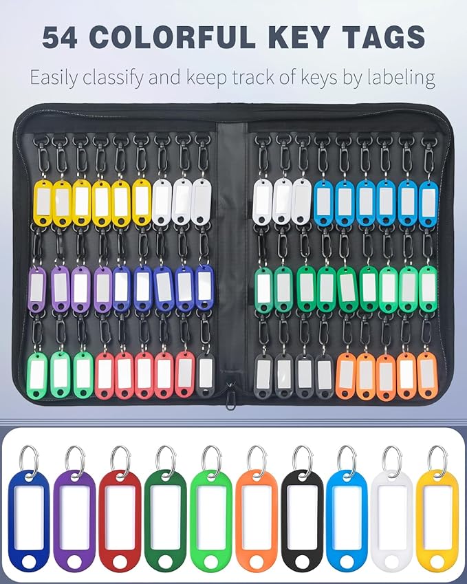 Uniclife Portable Zippered Key Case Waterproof and Fireproof Key Organizer with 54 Colorful Key Tags and Hooks Key Storage Book for Offices Real Estate Agencies Hotels and Rental Management