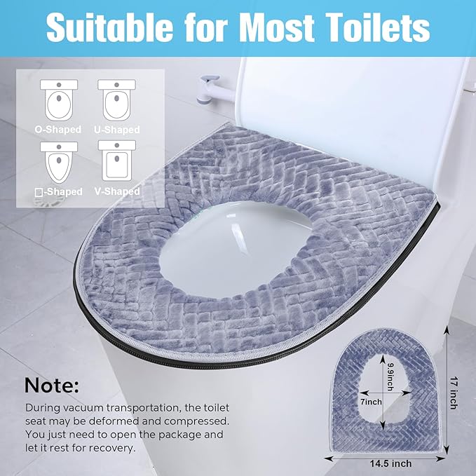 Riakrum 4 Pcs Toilet Seat Covers Pads for Bathroom Comfortable Toilet Seat Cushion Cover Soft Thicker Warmer Washable Pad with Zipper Home Reusable(Elegant,Blue, Gray, Brown, Red)