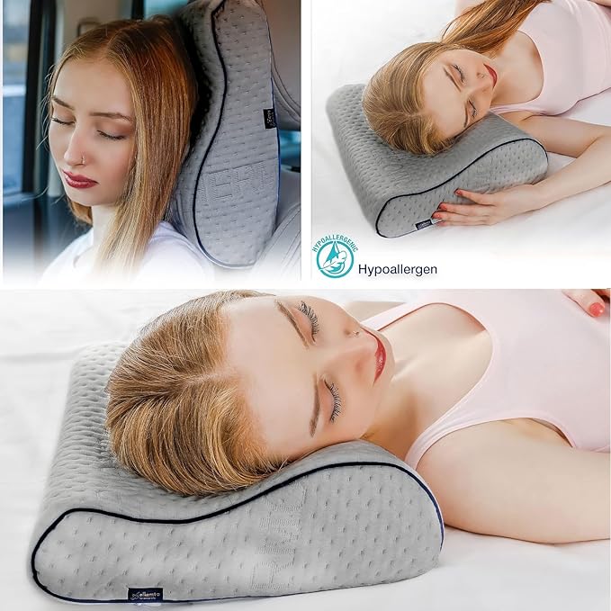 Travel & Camping Comfortable Memory Foam Pillow – Easy to Carry Portable Bag – Temperature Regulating Pillow Case (Grey Contour)