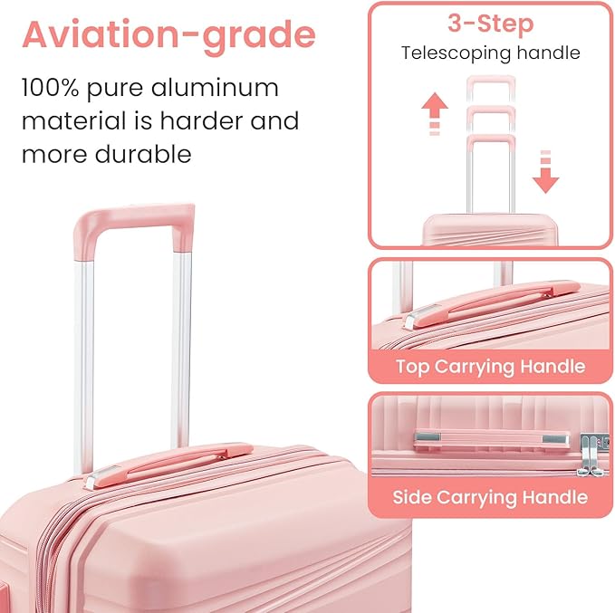 Campfun Luggage 4 Piece Sets, Expandable Carry On Luggage Set Hardshell PP, Suitcase Set with Double Spinner Wheels, Checked Durable Lightweight with TSA Lock, 14in 20in 24in 28in-Pink(C)