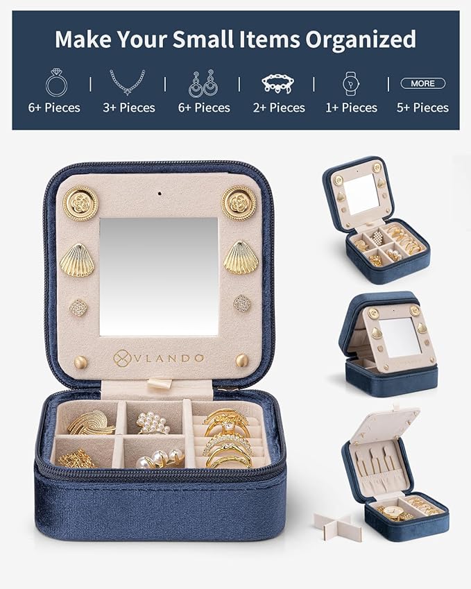 Vlando Velvet Jewelry Case, Travel Box for Women, Portable Organizer With Mirror - Small, Dark Blue