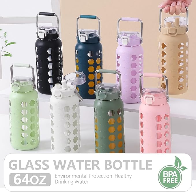 MUKOKO 64oz Glass Water Bottles with Straw and Lid,Half Gallon Water Bottle with Time Marker,Large Glass Water Jug with Silicone Sleeve and Stainless Steel Handle-White