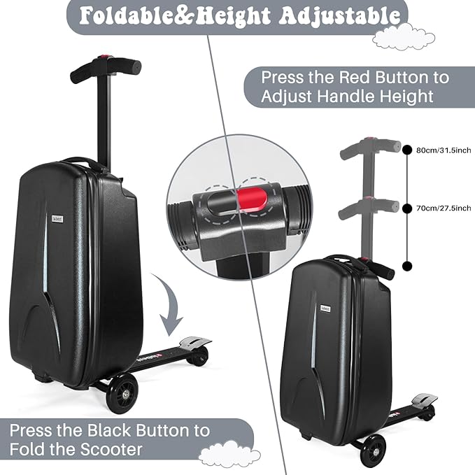 MRPLUM 20" Ride-On Suitcase with Detachable Scooter for Kids,Foldable Hardshell Carry-On Luggage for Toddlers Ages 4-15 with Adjustable Handle,Easy Steering&Brake(Airplane Approved)