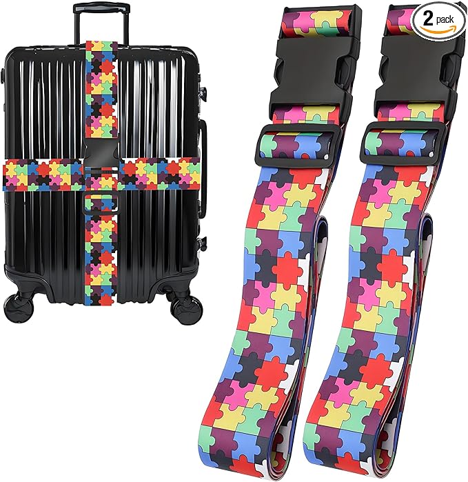 Puzzle Luggage Straps for Suitcases, Adjustable Luggage Travel Belts to Keep Luggage Security While Travel, Strong Polyester Fabric, Easy-to-Recognize Stylish Design Travel Accessories, 2 Pack