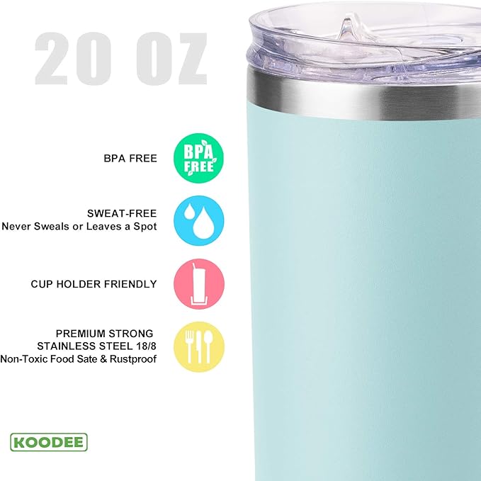 koodee 20 oz Tumbler with Lid and Straw-2 Pack Stainless Steel Insulated Skinny Tumbler Cup-Travel Beach Coffee Mug for Women (Baby Blue-White)