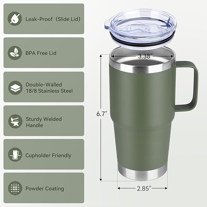 HASLE OUTFITTERS 20oz Tumbler with Handle, Stainless Steel Tumbler with Lid Metal Insulated Travel Coffee Mug Double Wall Vacuum Spill Proof Reusable Coffee Cup, Amy Green 1 Pack