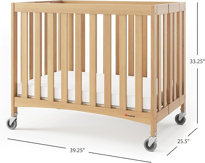 Foundations Compact Travel Sleeper Folding Hotel Crib and Sheet Bundle - Includes Natural Wooden Mini Crib with 2" Foam Mattress and 6-Pack White Fitted Compact Sheets