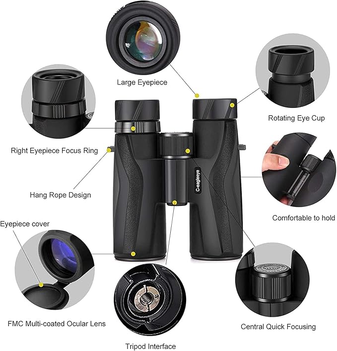 Ceagleeye10x42 Binoculars for Adults,Ipx7 Professional Waterproof and Anti-Fog with 23mm Large Eyepiece Bak4 Lens,Binoculars for Travel Bird Watching Hunting Sports Extra Bag,Strap,Phone Adapter,Black