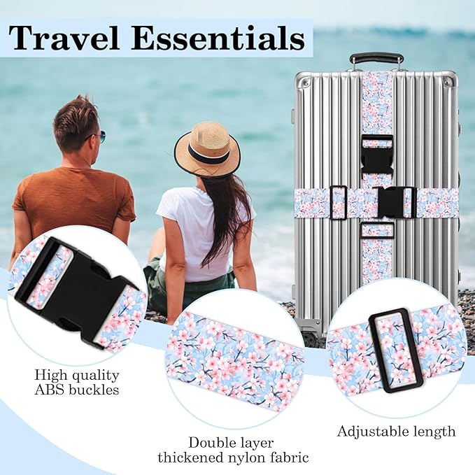 Cherry Blossoms Luggage Straps for Suitcases TSA Approved, Luggage Identifiers for Suitcase, Adjustable Suitcase Strap for Baggage Security with Cute Patten, Travel Necessary Accessories (2Pack)
