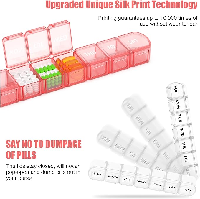 Extra Large Pill Organizer 2 Pack, XL Pill Box 7 Day, Weekly Pill Case with Large Capacity, Jumbo Organizer, BPA Free (Pink+White)