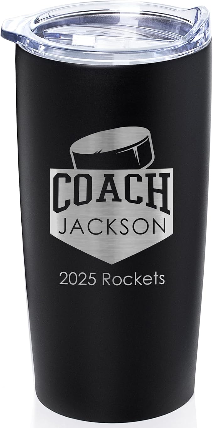 Lifetime Creations Personalized Hockey Coach Tumbler: Custom Hockey Coach Gift, Coaches Coffee Travel Mug from Team, Insulated Engraved Stainless Steel 20 Ounce Cup (Matte Black)