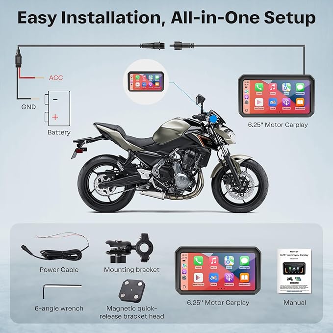 WonVon 6.25 Inch Wireless Motorcycle Carplay GPS Navigation System with Apple Carplay and Android Auto Portable Screen with Dual Bluetooth, Navigation, Siri, Google Assistant