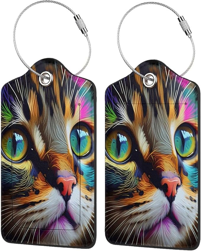 2 Pack Luggage Tags for suitcases Cute Cat Luggage Tag, Leather Stainless Steel Loop Label Tag for Men Women Travel Bag Suitcase(cat face)