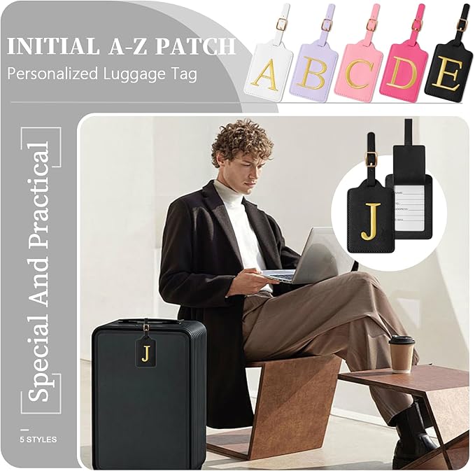 Personalized Initial Luggage Tags for Suitcase TSA Approved, Black Leather Cute Luggage Tag with Privacy Cover Name Card, Embroidered Custom Luggage Tags Travel Backpack Tags Gifts for Women Kids(J)