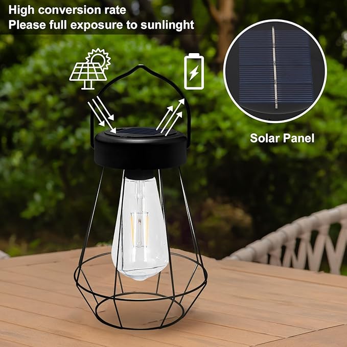 Solar Lanterns Outdoor Lights,Metal Hanging Solar Lights Outdoor Waterproof,Auto On/Off with Edison Bulb Retro Light for Yard Garden Patio Backyard Pathway Decor 2 Pack