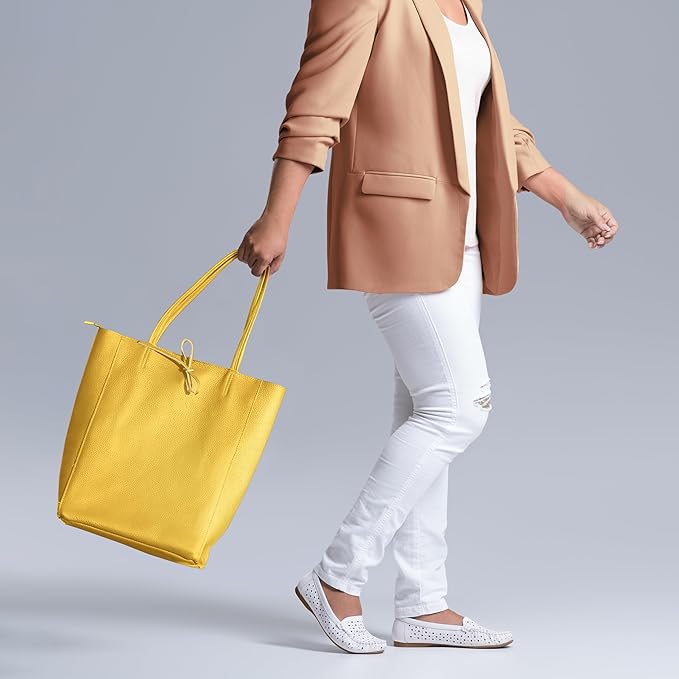 Italian Calf Leather Tote for Women with Zipper, Inner Pocket & Flat Base | Soft Unlined Shopper for Work & Travel
