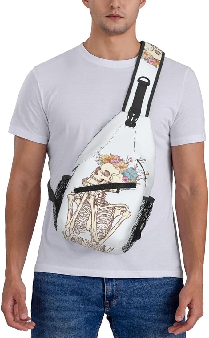 SUPLUCHOM Sling Bag Skeleton Flower Skull Hiking Daypack Crossbody Shoulder Backpack Travel Chest Pack for Men Women