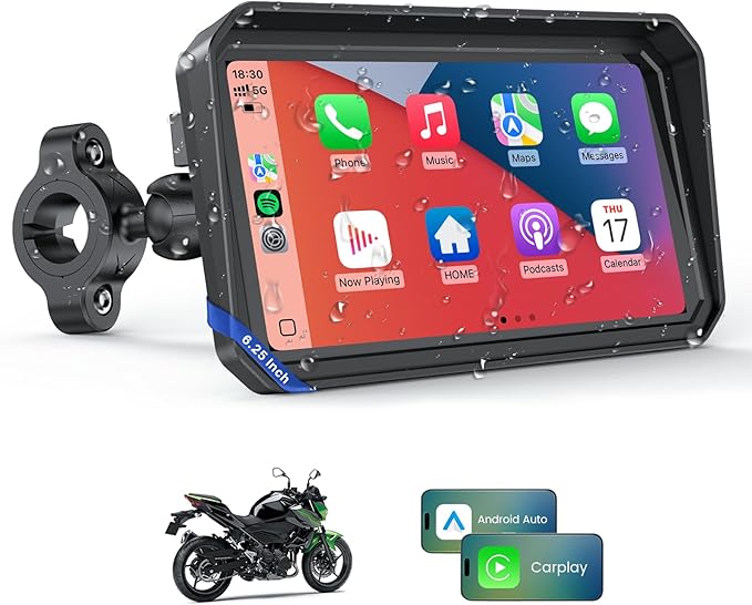 WonVon 6.25 Inch Wireless Motorcycle Carplay GPS Navigation System with Apple Carplay and Android Auto Portable Screen with Dual Bluetooth, Navigation, Siri, Google Assistant