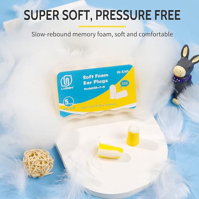LYSIAN Ultra Soft Foam Earplugs Sleep 5 Pairs, 38dB Noise Reduction Ear Plugs for Sleeping, Snoring,Travel and Gun Shooting Range (Yellow/White)