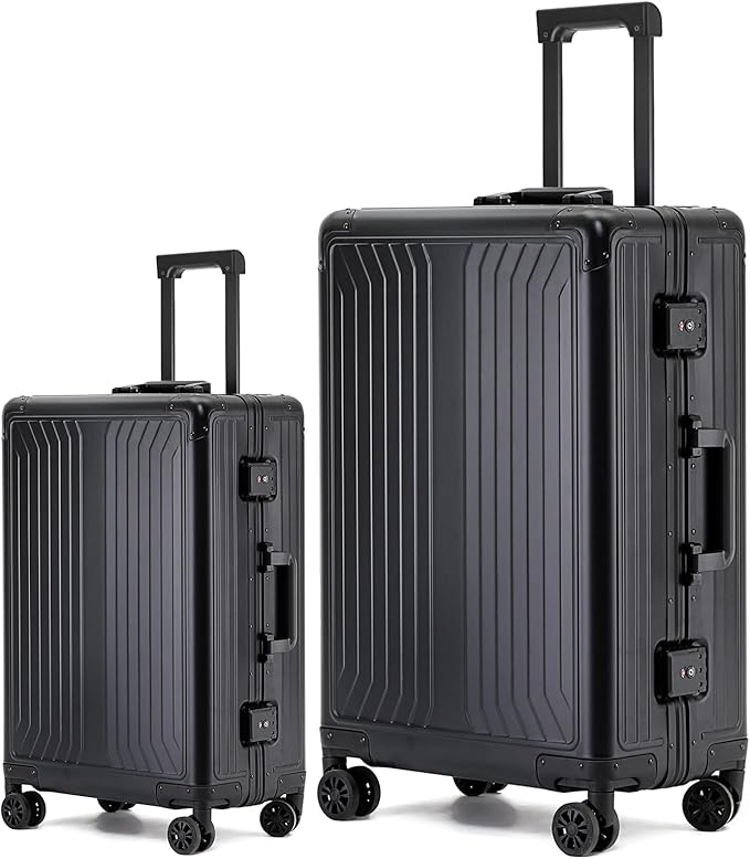 Metal all aluminum carry-on suitcase 20 "hard face, TSA lock and rotating wheel zippered luggage set (black, 2Piece(20/28))