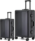 Metal all aluminum carry-on suitcase 20 "hard face, TSA lock and rotating wheel zippered luggage set (black, 2Piece(20/28))