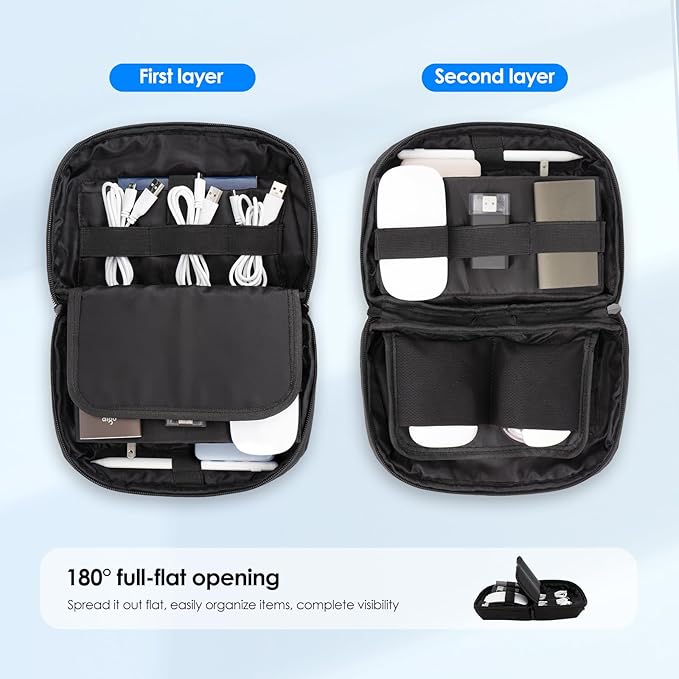 LENTION Electronics Organizer, Tech Organizer Travel Case, Tech Pouch, Cable Bag with ECO-Friendly Fabrics (GRS Certified) Cord organizer Travel Essentials Bag for AirPods, Cords, Charger (M378 Black)