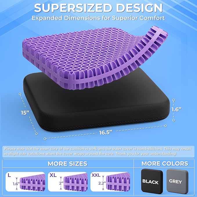 TushGuard Gel Seat Cushion for Long Sitting, Enlarged & Thickened Patent Design Office Chair Seat Cushion, Breathable Cooling Pads for Chairs, Soft Car Cushions for Wheelchair(Large, Black)
