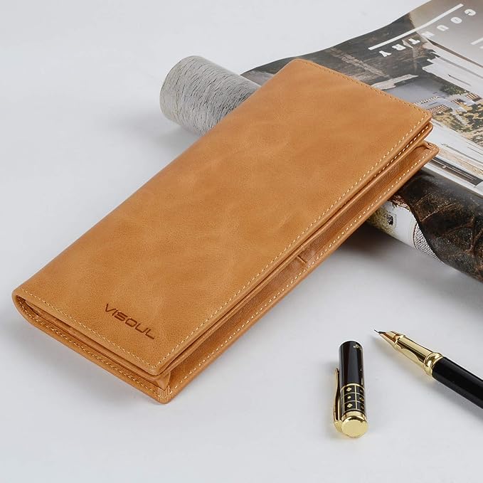 VISOUL Mens Leather Long Checkbook Bifold Wallets with RFID Blocking, Breast Pocket Tall Billfold Secretary Wallet for Men with Card Slots (Tan)