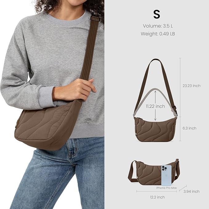 tomtoc 3.5L Puffer Sling Crossbody Bag for Women Trendy, Nylon Quilted Crescent Shoulder Bag Purses for Cellphone and Daily Essentials, Puffy Travel Hobo Handbag with Adjustable Strap & Inner Pockets