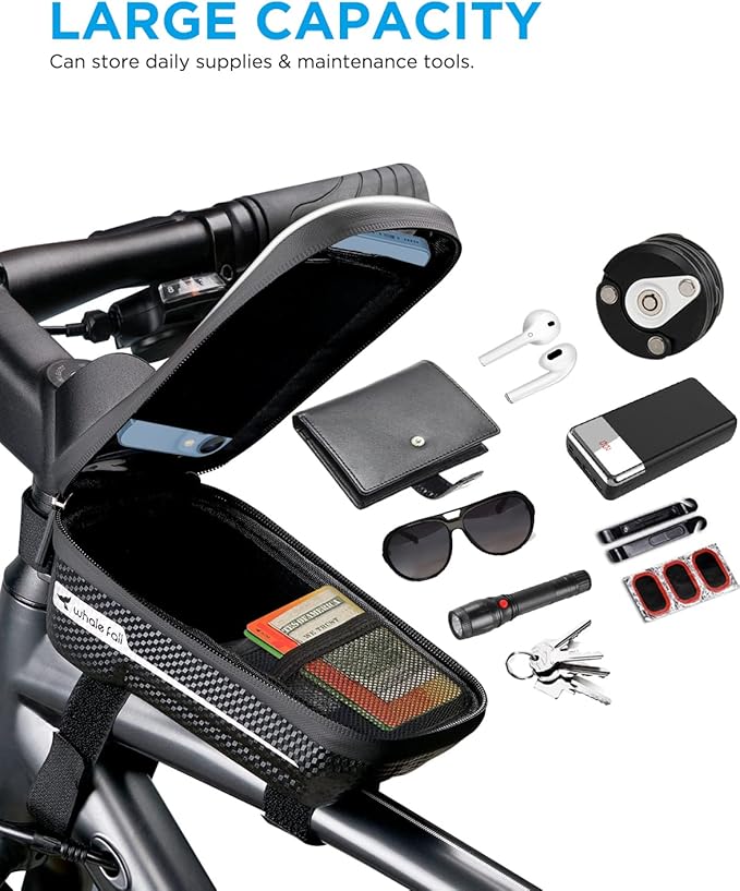 whale fall Hard Casing Bike Bag, Bike Accessories for Adult Bikes, Gifts for Men, Mens Gifts for Birthday,Bicycle Enthusiasts,Sturdy/Lighter/Waterproof, 4” - 6.9” Cellphone, Black-Reflective Strip