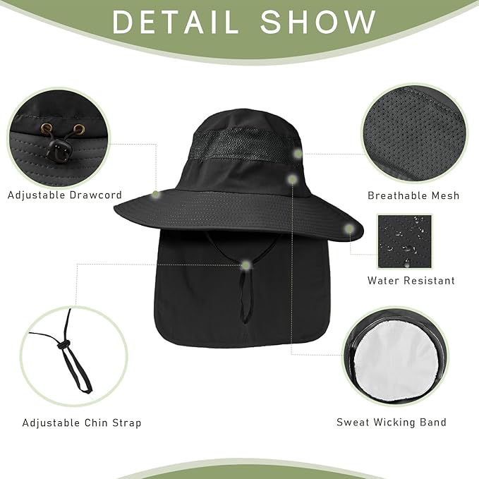 Fishing Hat Breathable Wide Brim Sun Hats with Neck Flap Bucket Hat Outdoor Safari Hat for Men Women UPF 50+ Sun Protection