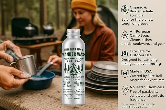 Wander Wash -Biodegradable Camp & Dish Soap Unscented | Made in USA | Organic All-Purpose Camping Gel Soap for Dishes, Hands & Gear – Eco-Friendly Reusable Aluminum Bottle | (8oz) (8floz/250ml)