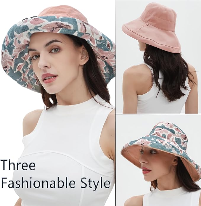 vidsel Womens Sun Hats Wide Brim Reversible Bucket Cotton Hat Packable Summer Travel Cap with Hat Clip,UV Protection