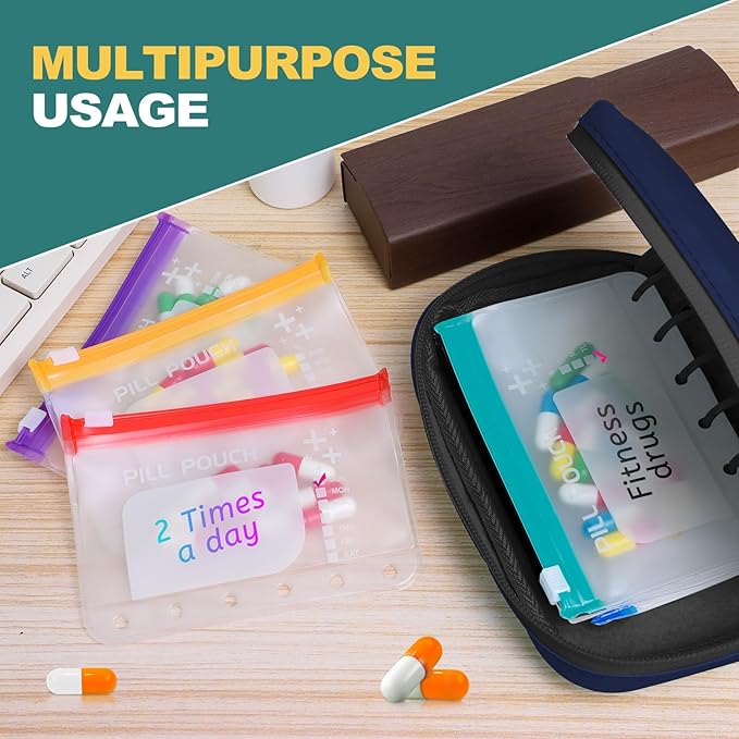 A7-L Timueetech Water-Proof Pill Pouch Set, BPA Free, A7-L Pill Loose-Leaf Storage with Color-Coded Medicine Pouches, Large Reusable Travel Medicine Organizer， Zippered Pill Organizers Weekly