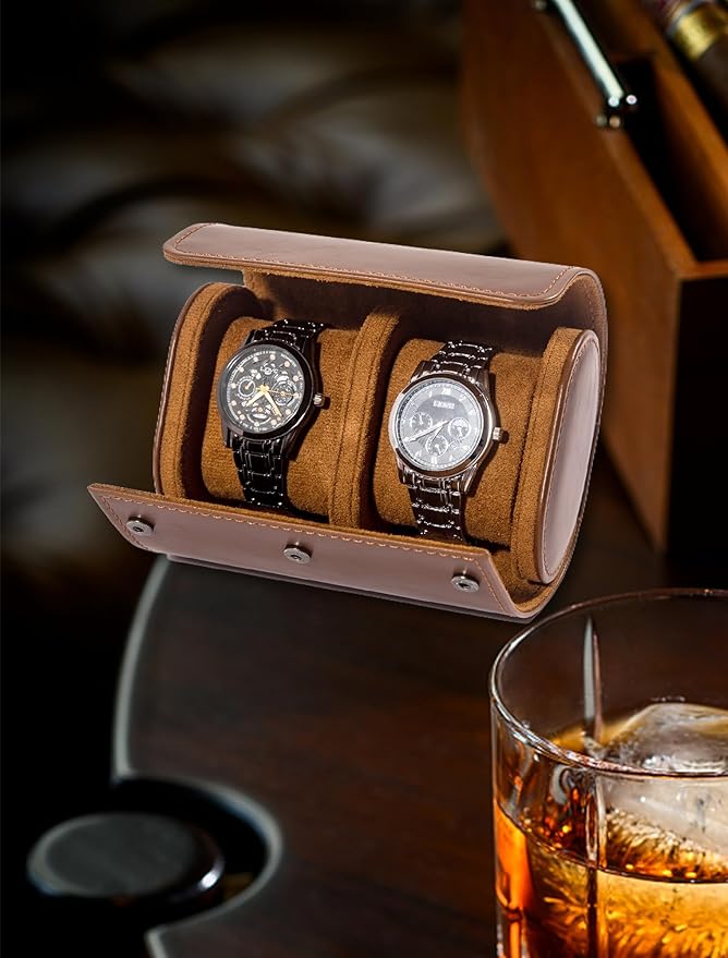 MR.OKAY 2 Watch Travel Case-Classic Leather Watch Case With Superb Texture.Portable Watch Roll Or Organizer For Storage And Display. Travel Gift for Men, All Handmade By Leather Craftsmen.