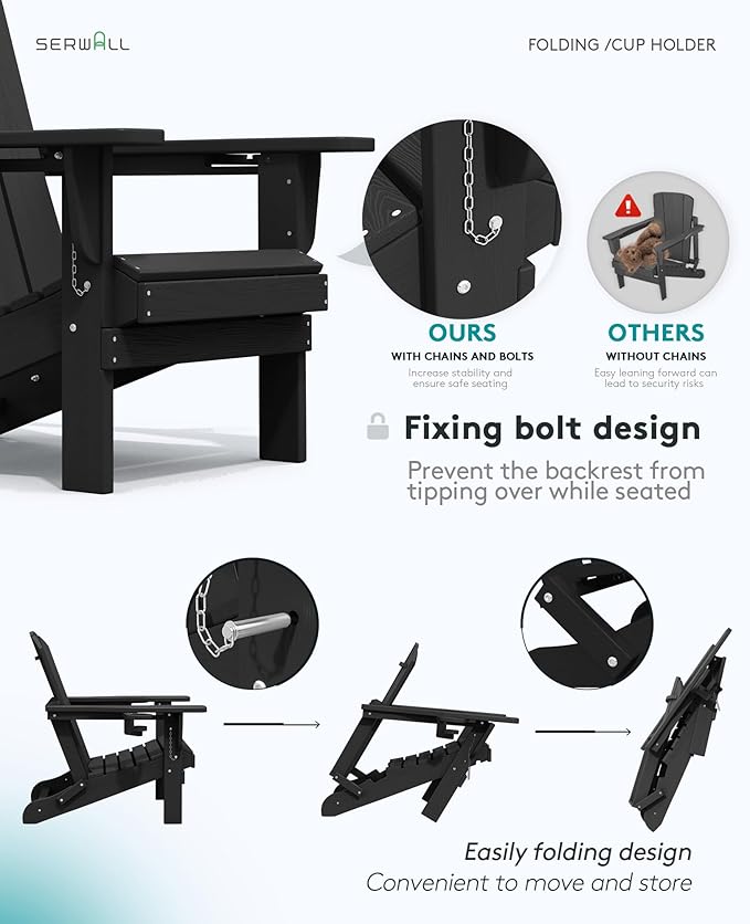 SERWALL HDPE Folding Adirondack Chair with Dual Cup Holder - Composite Adirondack Chair Set of 8- Black