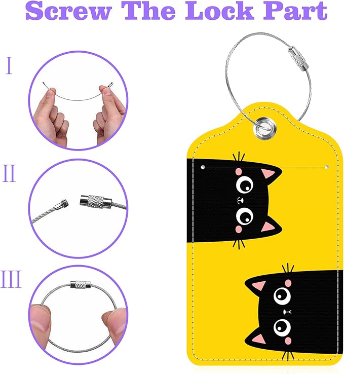 Set of 2 Luggage Tags Two Black Kitten Face Head Leather Suitcases Tag with Privacy Cover Stainless Steel Loop and Address Card for Women Men Travel